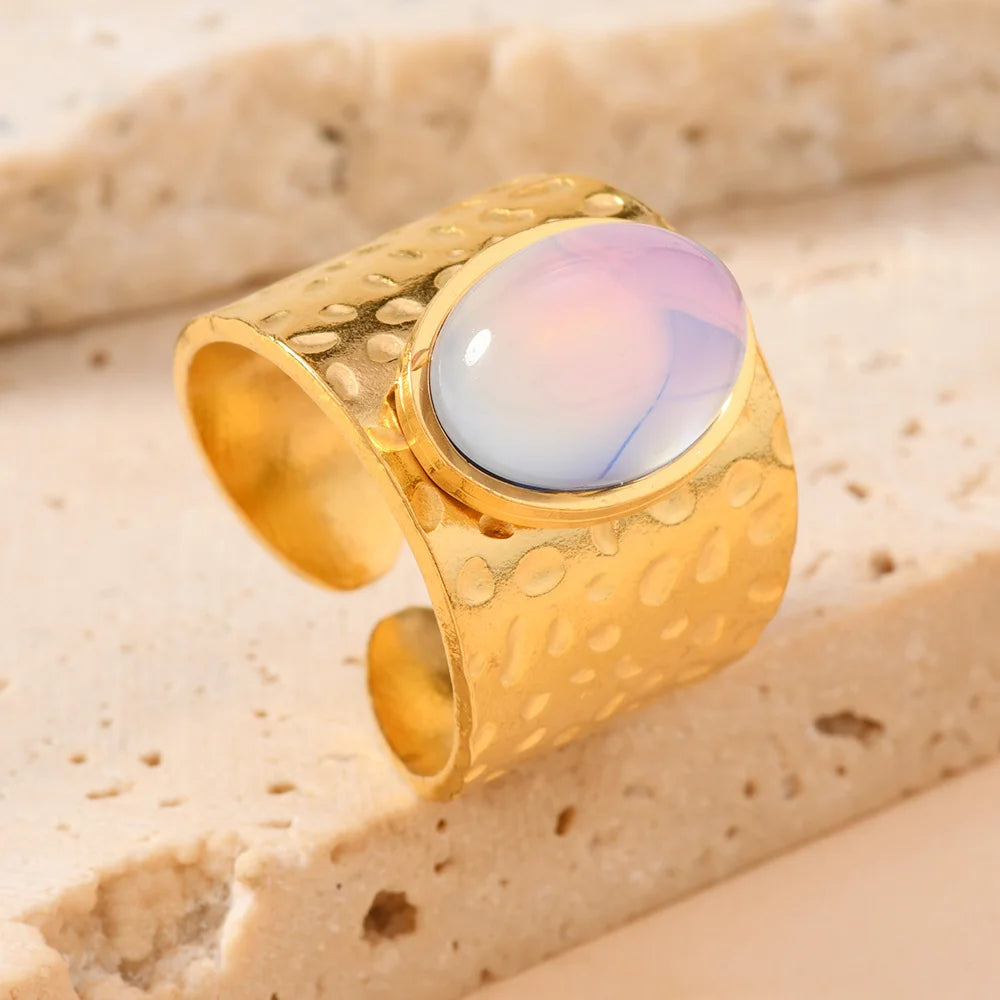 Fashion Stainless Steel Round Natural Stone Green Turquoise Malachite Geometric Ring Women Bohemian Vintage Jewelry