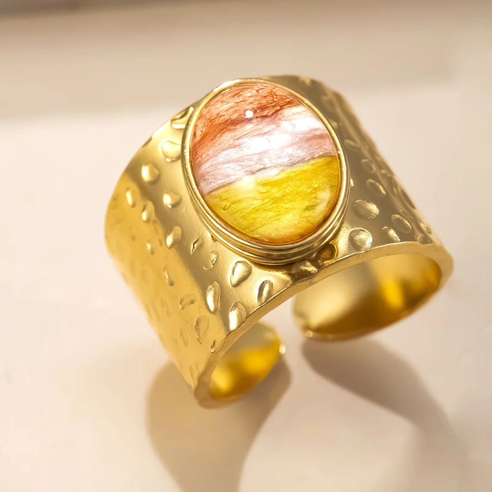 Fashion Stainless Steel Round Natural Stone Green Turquoise Malachite Geometric Ring Women Bohemian Vintage Jewelry