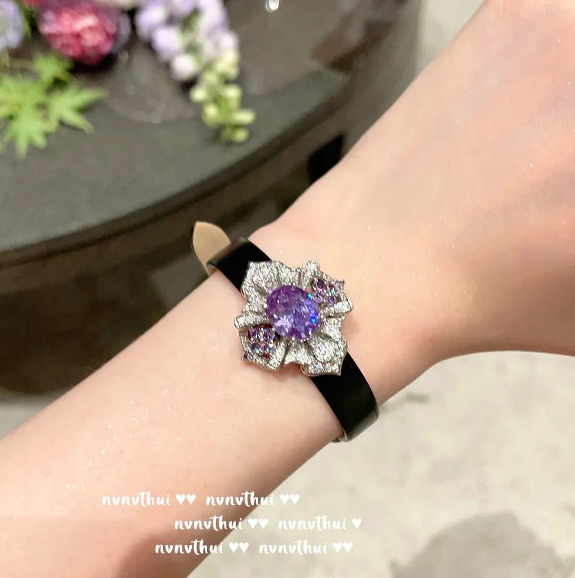 2024 New Fashion Amethyst Bracelet with PU Wrist Strap Elegant Platinum Plating Luxury Diamond Bracelet Bangles Vintage Jewelry