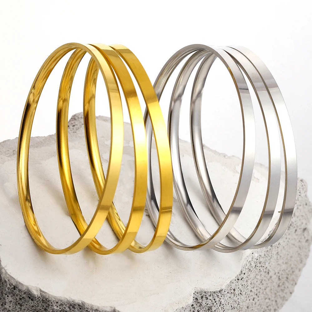 3Pcs/set Glossy Bangle Bracelet Stainless Steel Plain Hoop Bracelet for Women Jewelry Minimalist Style Cuff Waterproof Jewelry