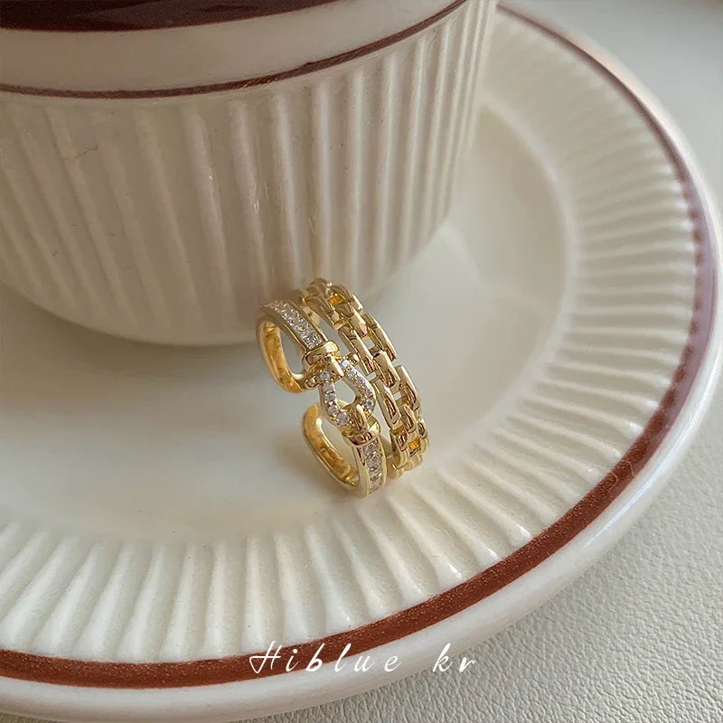 14K gold plated 2023 Korean new fashion jewelry double-layer zircon cross ring elegant women's opening daily work accessories