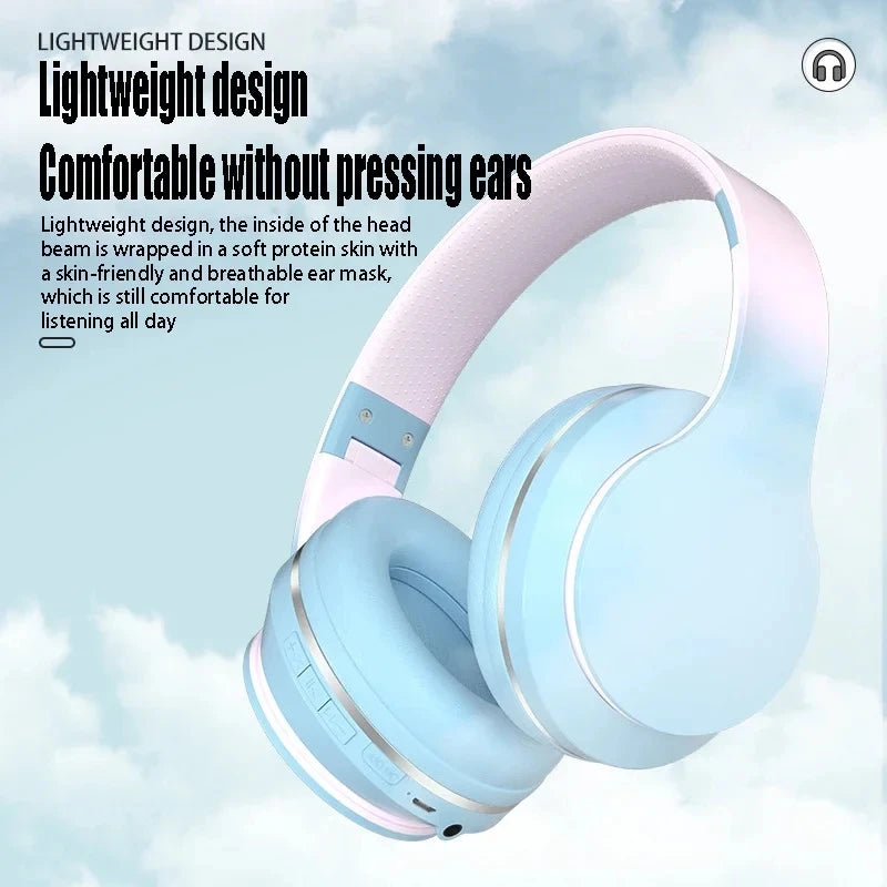 Gradient Bluetooth Headset Cute Wireless Music Headphone with Mic Gamer Earphone Kids Lovely Christmas Gifts for Girl PC Gaming