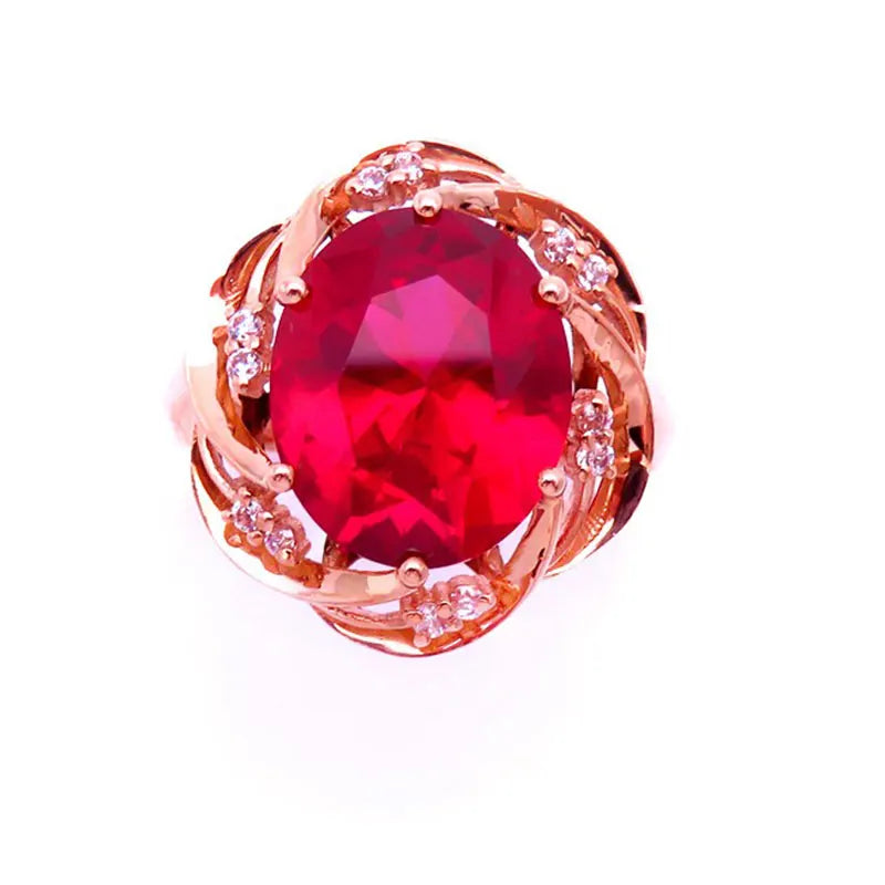 585 Purple Gold 14K Rose Gold Inlaid Flower Ruby Rings For Women Adjustable Elegant Crystal Charm Wedding Engagement Jewelry