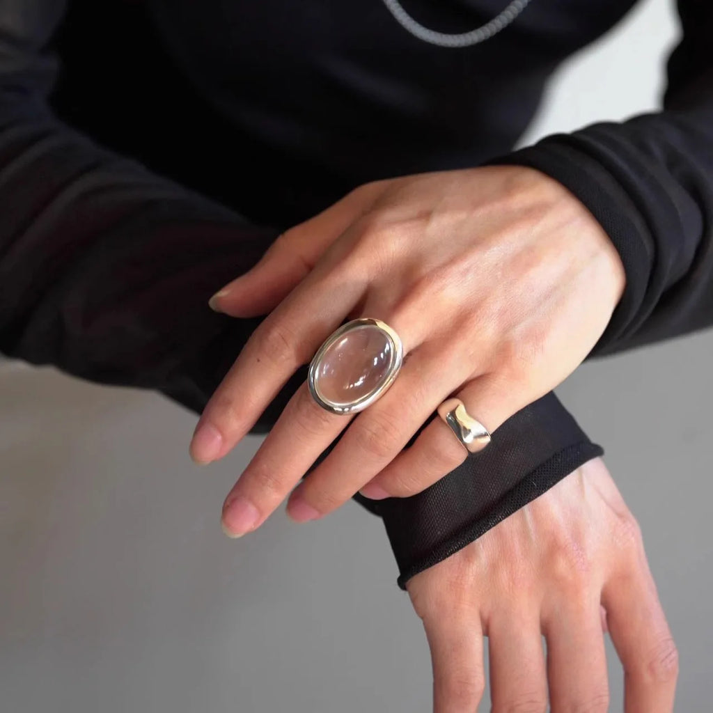 PANJBJ 925 Sterling Silver Geometry Crystal Ring For Women Ellipse Exaggerated Punk Water Drop Open Jewelry Gift Dropshipping