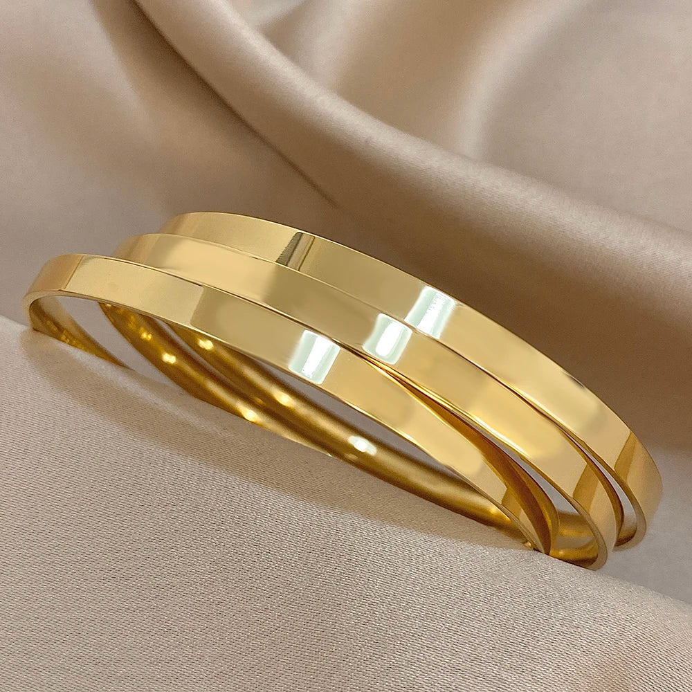 3pcs Simple Classic Smooth Stainless Steel Wide Basic Bracelet for Men Women Vintage Chunky Gold Plated Plain Waterproof Bangles