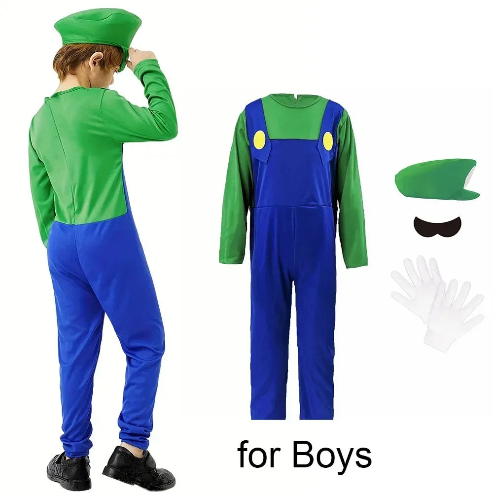 Halloween   Plumber Bros Cosplay Costumes Funny Halloween Carnival Outfits for Men Women Fancy Jumpsuit with Hat Mustache Gloves