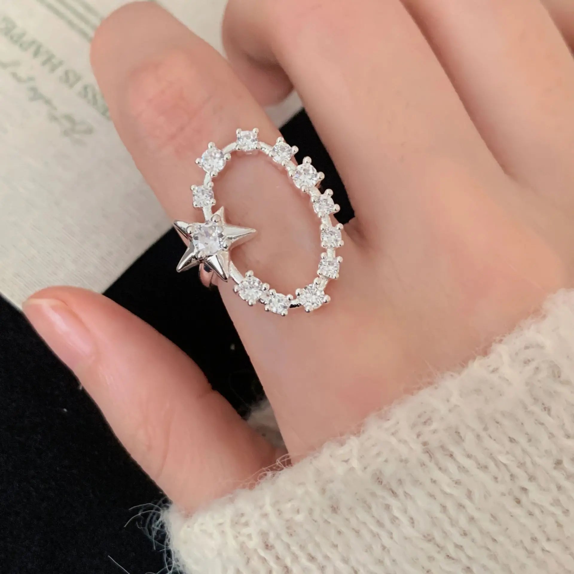 PANJBJ 925 Sterling Silver Geometry Crystal Ring For Women Ellipse Exaggerated Punk Water Drop Open Jewelry Gift Dropshipping