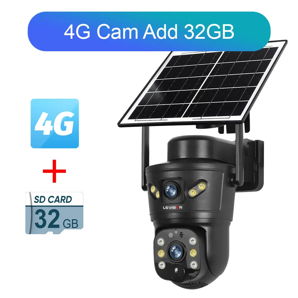 LS VISION 4K 8MP Dual Screens Solar Security Camera Outdoor 4G/WiFi Dual Lens PTZ Human Auto Tracking CCTV Cameras V380 Pro App