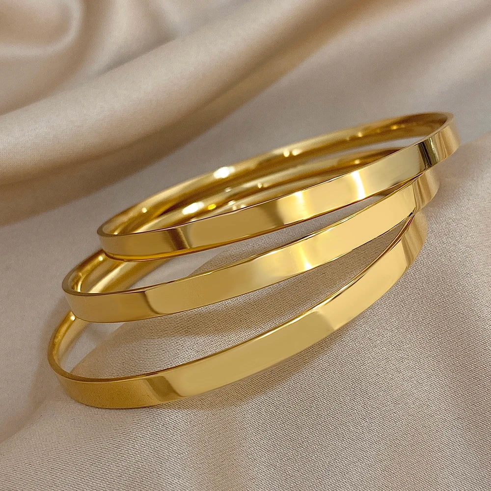 3pcs Simple Classic Smooth Stainless Steel Wide Basic Bracelet for Men Women Vintage Chunky Gold Plated Plain Waterproof Bangles