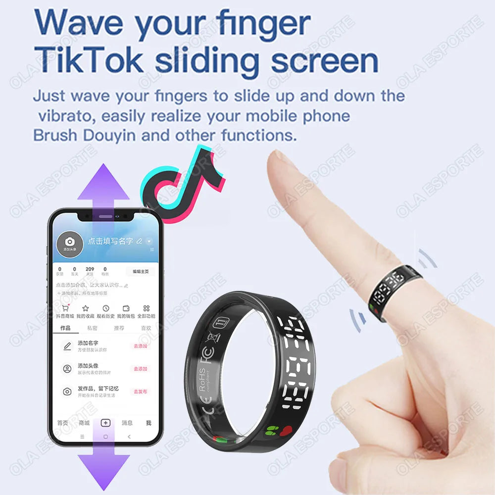 SR08 Smart Ring with Charging Box for Men Women LED Display Screen Gesture Control Health Monitor 5ATM Waterproof Sports Rings