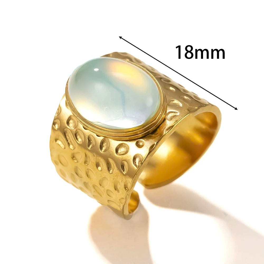 Fashion Stainless Steel Round Natural Stone Green Turquoise Malachite Geometric Ring Women Bohemian Vintage Jewelry