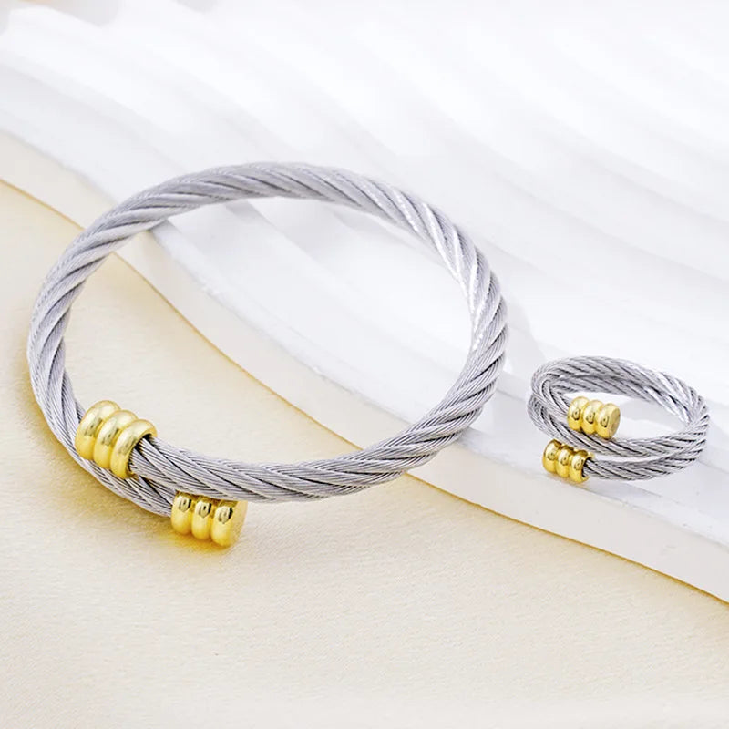 New Fashion Bangle Ring Set for Women Men Punk Stainless Steel Wrist Metal Bracelet No Fade Color Jewelry Accessories Gifts