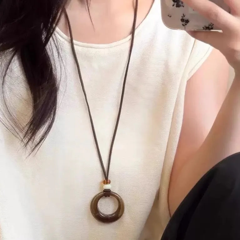 Long Oval Pendant Necklace New Chinese Style Simple Vintage Zen Fashion Design Jewelry Accessory