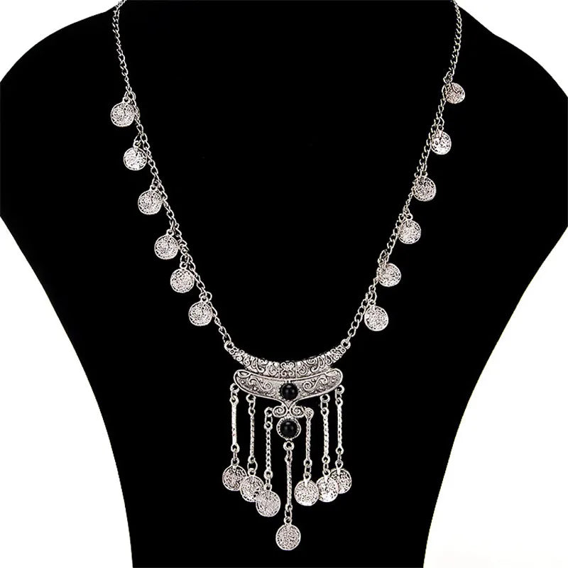 New Fashion Bohemian Coin Necklace Women Girl Alloy Vintage Long Stone Tassel Necklace Sweater Chain Pendant Jewelry Gifts 2022