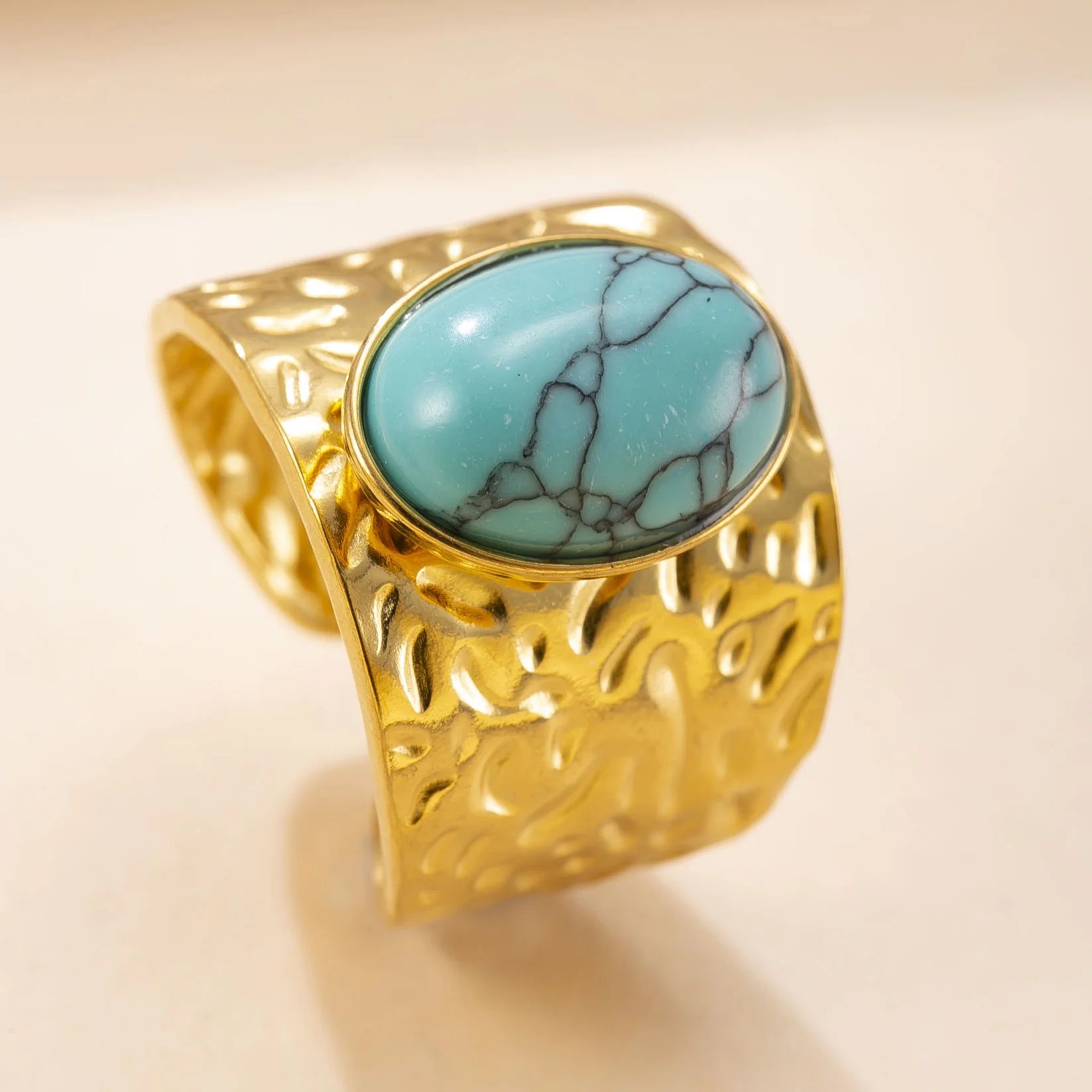 Fashion Stainless Steel Round Natural Stone Green Turquoise Malachite Geometric Ring Women Bohemian Vintage Jewelry