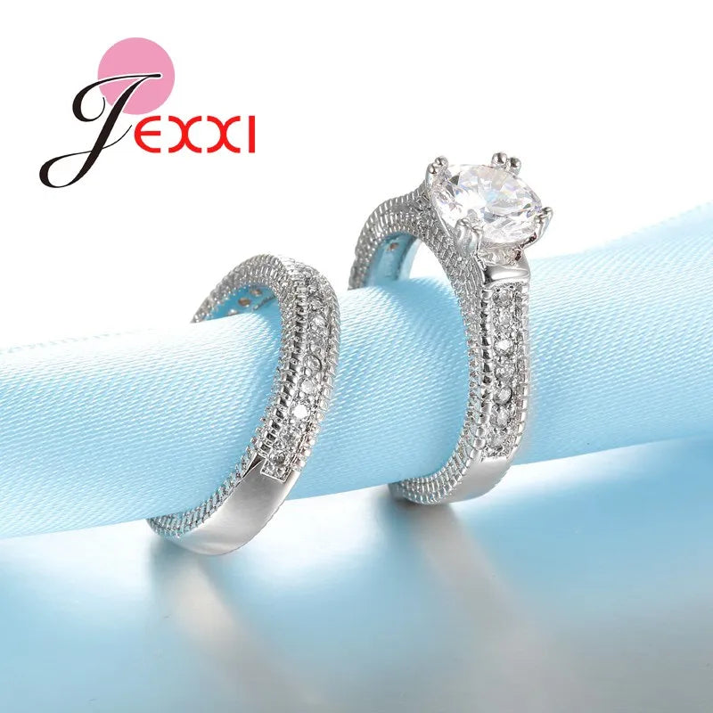 Elegance 925 Sterling Silver 2 PCS Ring Set Paved Full High Quality Shiny Crystals Anel For Women Bride Wedding Jewelry