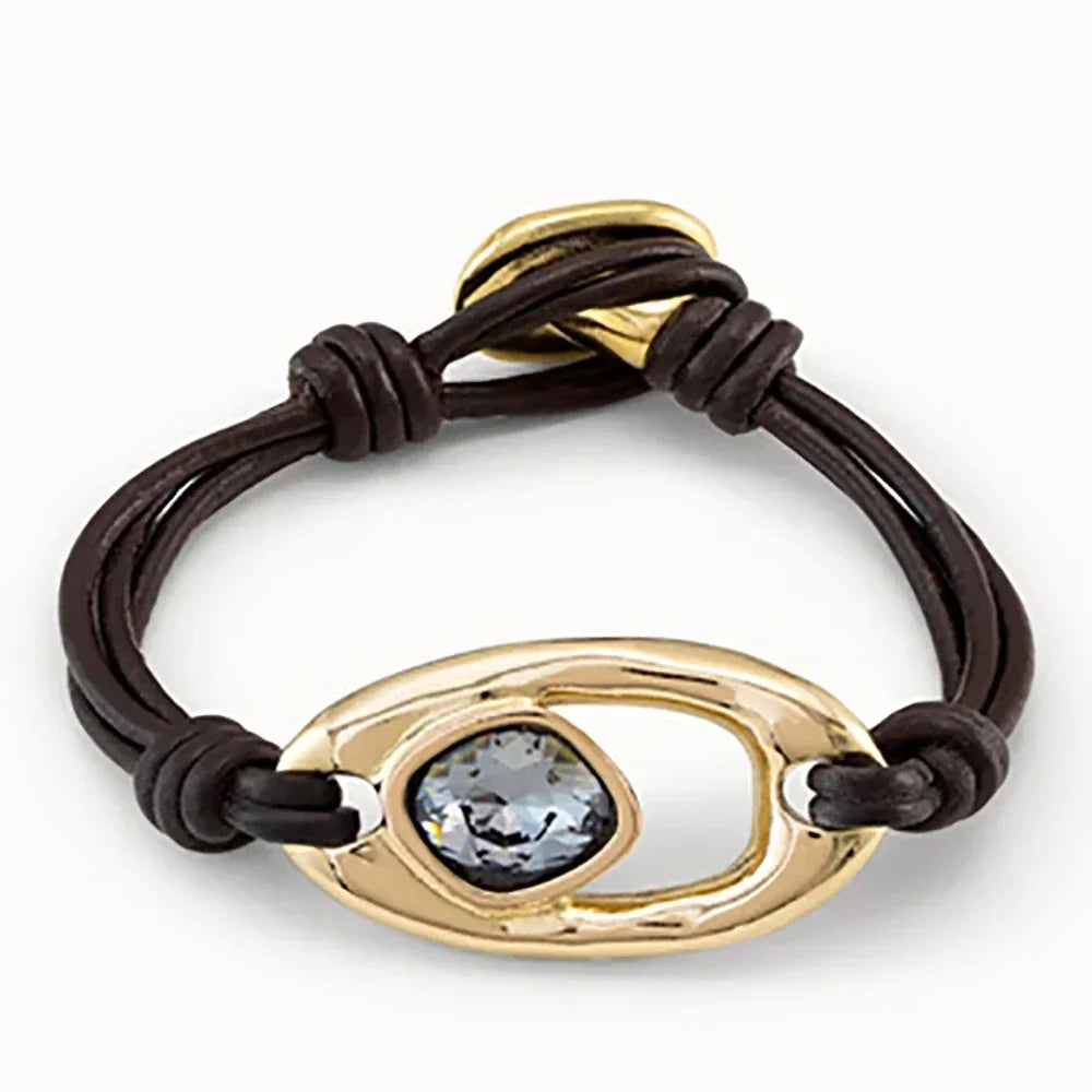 Sparkling Soft Leather Rope Gold Irregular Square Gray Crystal Bracelet in Summer, Women's Accessory, Gift for Friends' Banquets