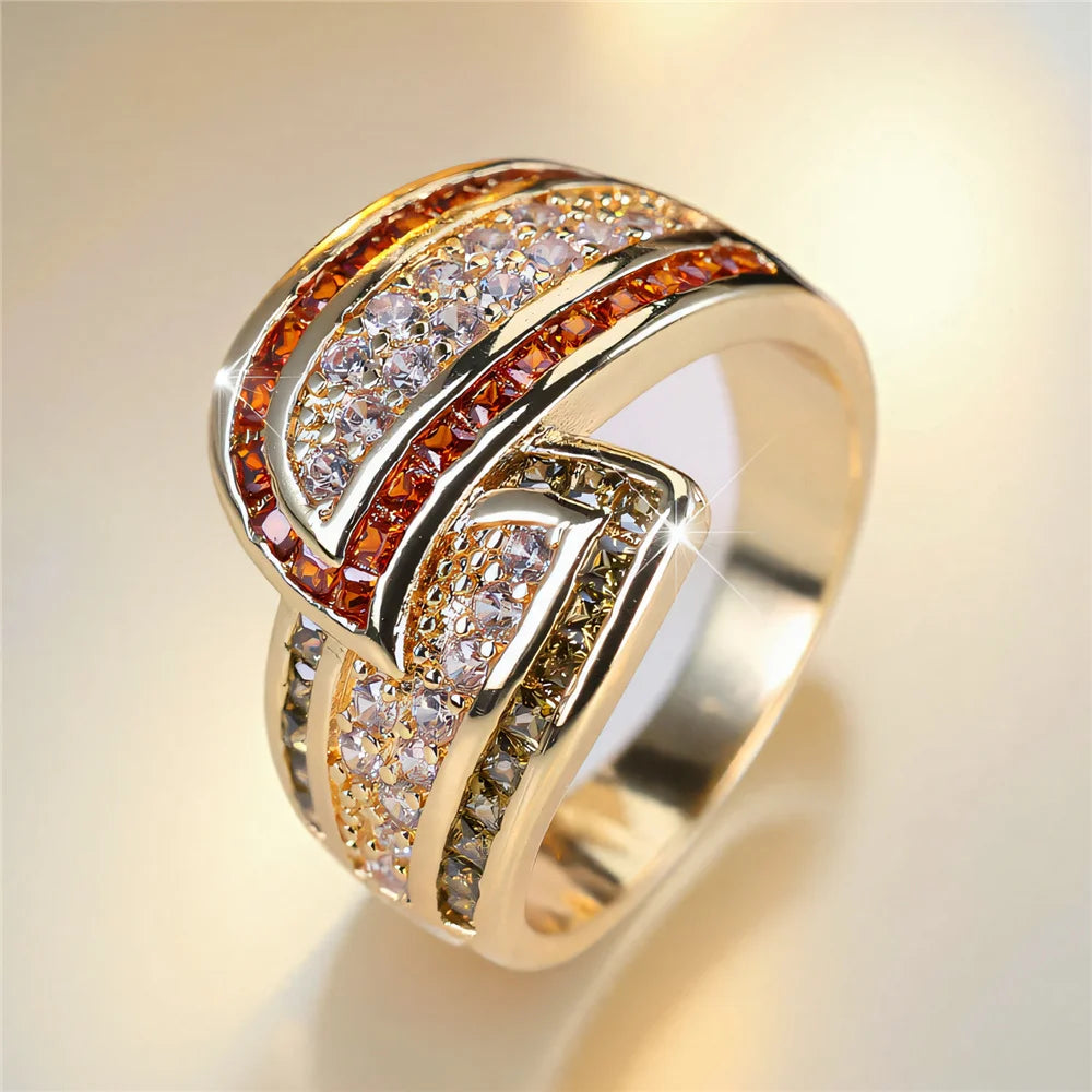 Cute Female Red Crystal White Zircon Stone Gold Color Wedding Jewelry Promise Engagement Wheat Rings For Women