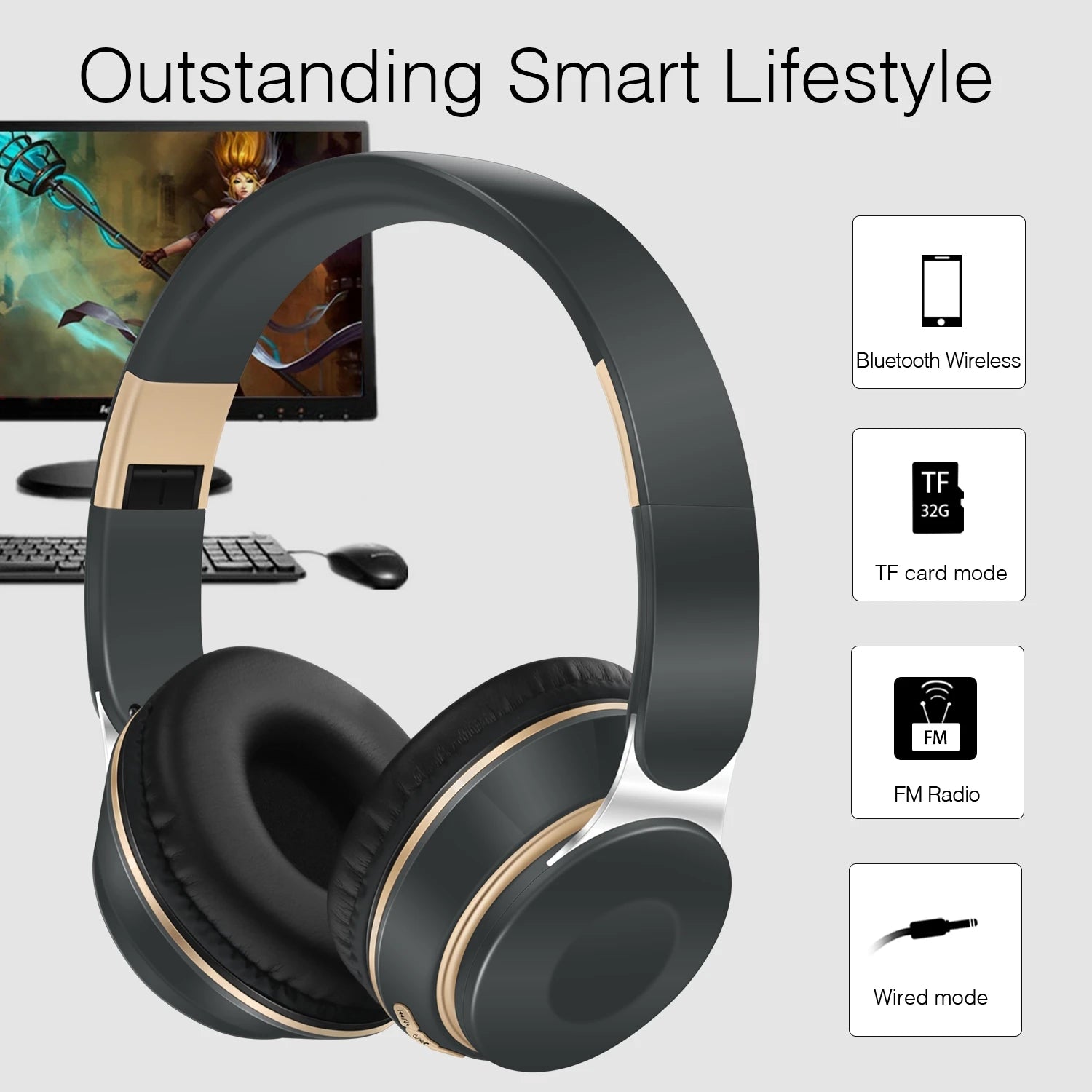 Popular Stereo Bluetooth Headset Wireless Headphone Audio Mp3 Earphone Support SD Card with Mic Student New Year Birthday Gift