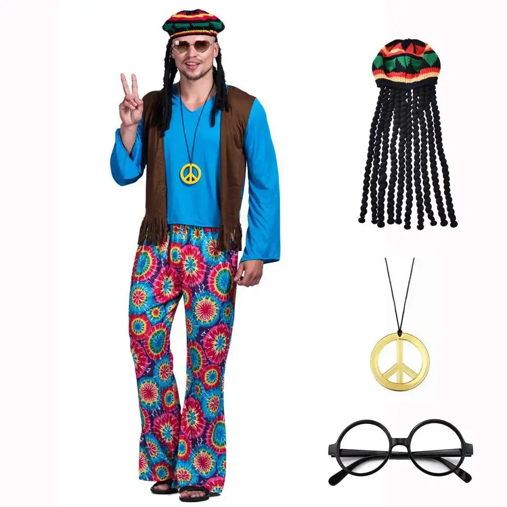 2025 Halloween Costume d'Halloween pour Homme, Ensemble Pantalon, Chemise, Frange, Cadre en Verre, Collier, Chapeau Rasta