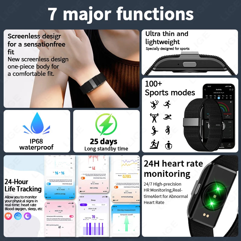 LIGE New S01 No Screen Smart Bracelet Heart RateMonitor Pedometer Waterproof Sport Fitness Tracker Men Women Electronic Bracelet
