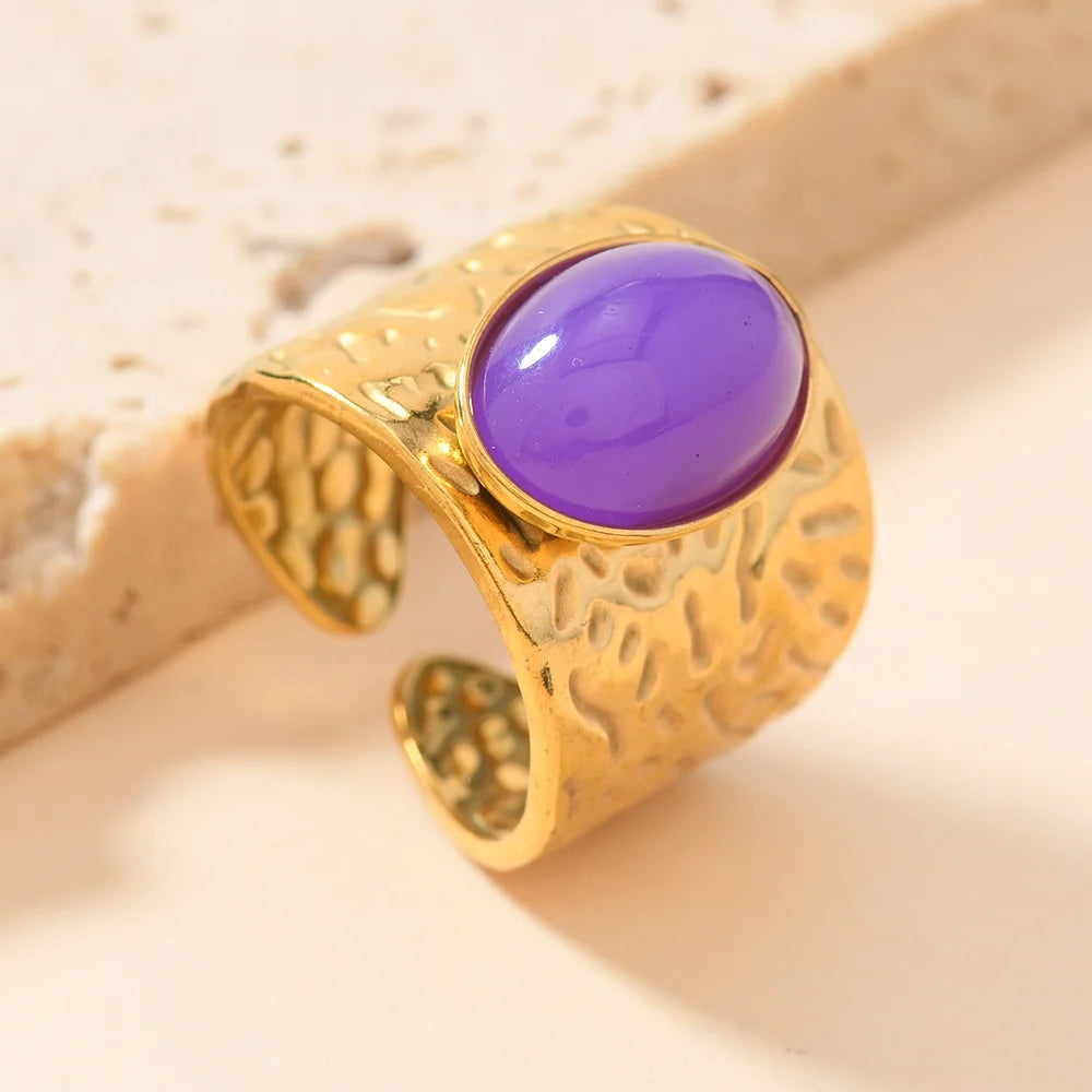 Fashion Stainless Steel Round Natural Stone Green Turquoise Malachite Geometric Ring Women Bohemian Vintage Jewelry