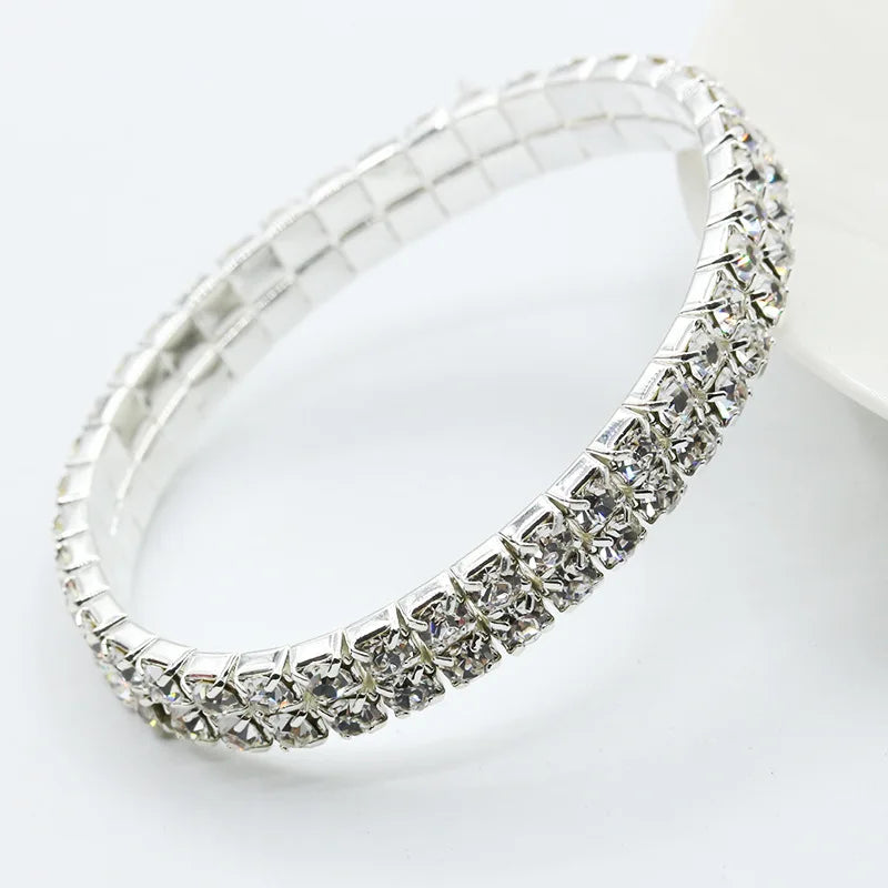 1-5 Rows Rhinestones Crystal Stretch Bracelet Round Cubic Zirconia Tennis Bracelet Silver Color Women Wristband Elastic Bangles