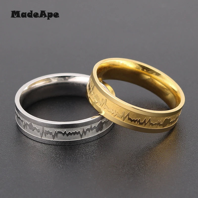 MadApe ECG Couple Ring Gold Color Titanium Stainless Steel Width 6mm Women Weddding Ring For Women Men Engagenemt Ring Jewelry
