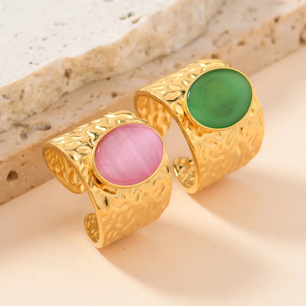 Fashion Stainless Steel Round Natural Stone Green Turquoise Malachite Geometric Ring Women Bohemian Vintage Jewelry