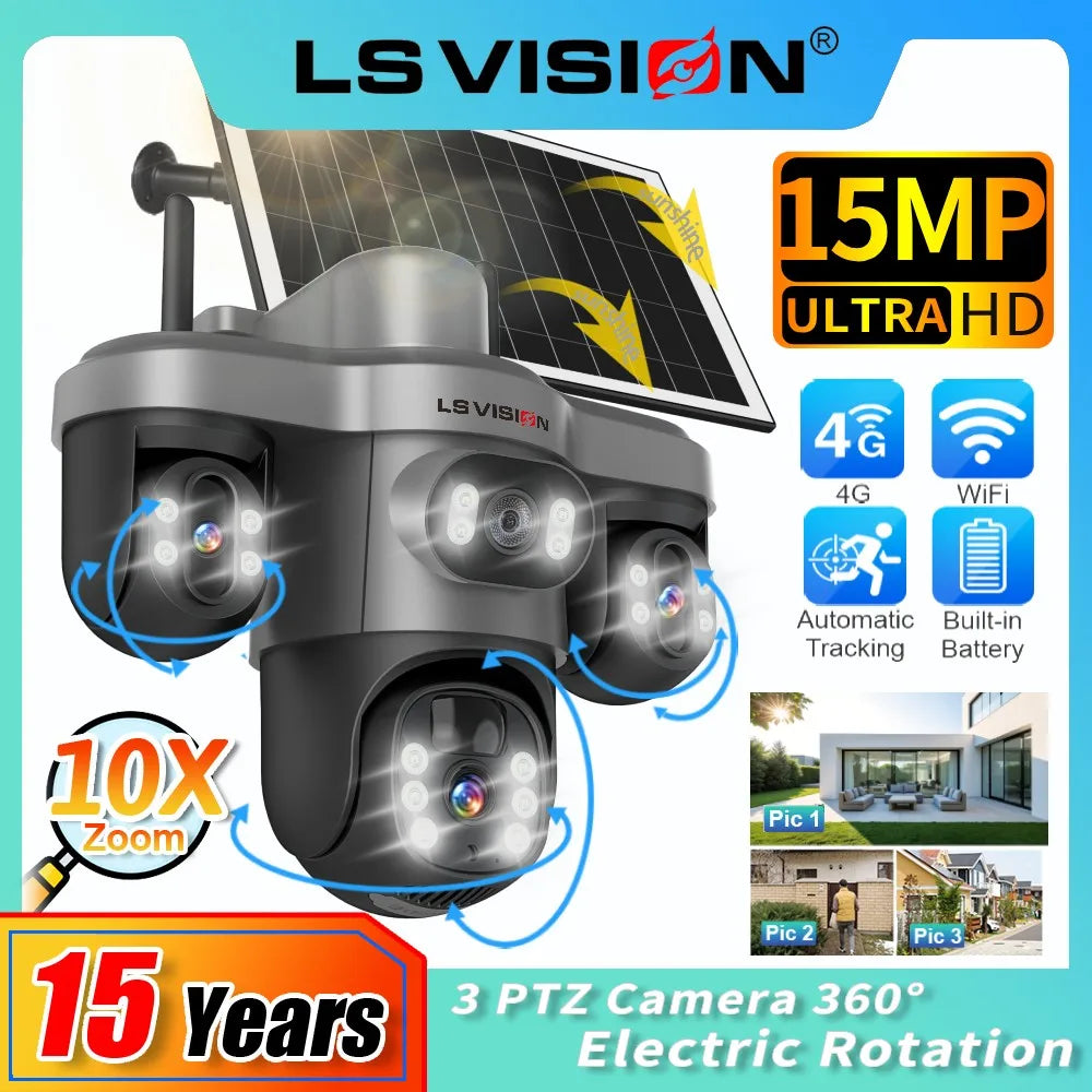 LS VISION 15MP Three PTZ&Screen 4G Solar Camera WIFI Wireless CCTV 10X Zoom Auto Tracking Wifi Security V380 Pro Outdoor Cameras
