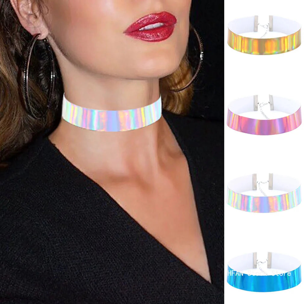New Fashion Rainbow Necklace Women Goth Punk Holographic Choker Gothic Necklace Fashion Iridescent Jewelry
