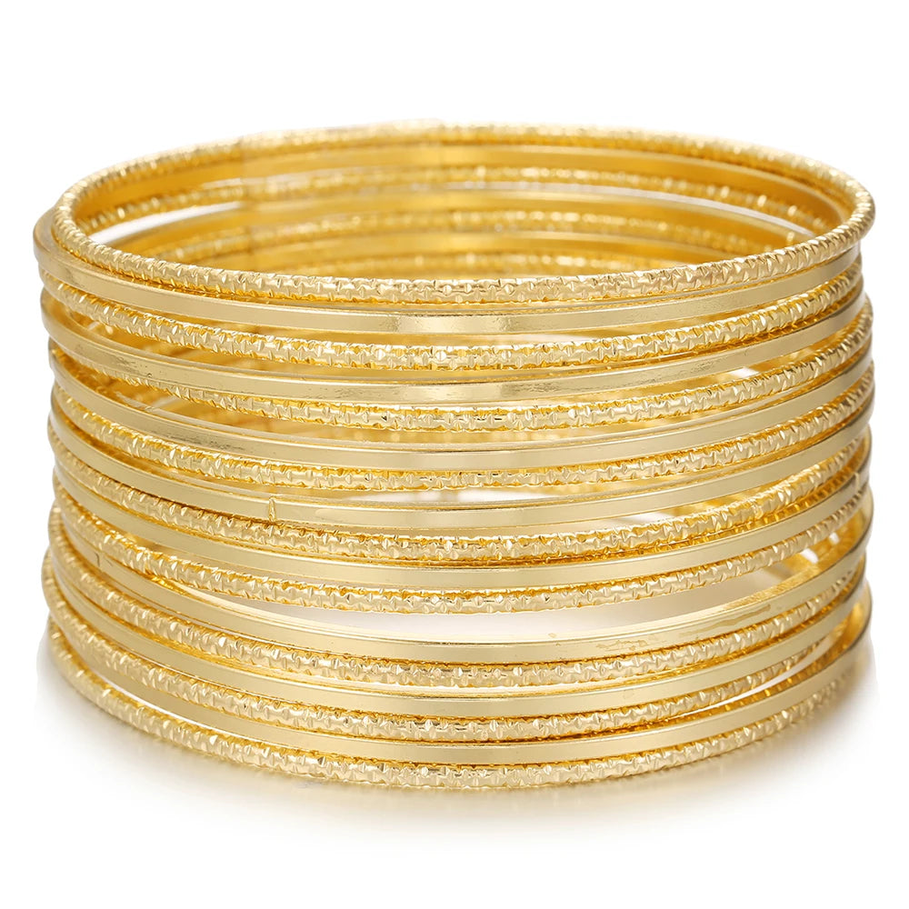 Trending Fashion Classic Frosted Ultra Simple Ring Bracelet Set Boho Chic Multi-Layer 17-Piece Alloy Bracelet Set for Women