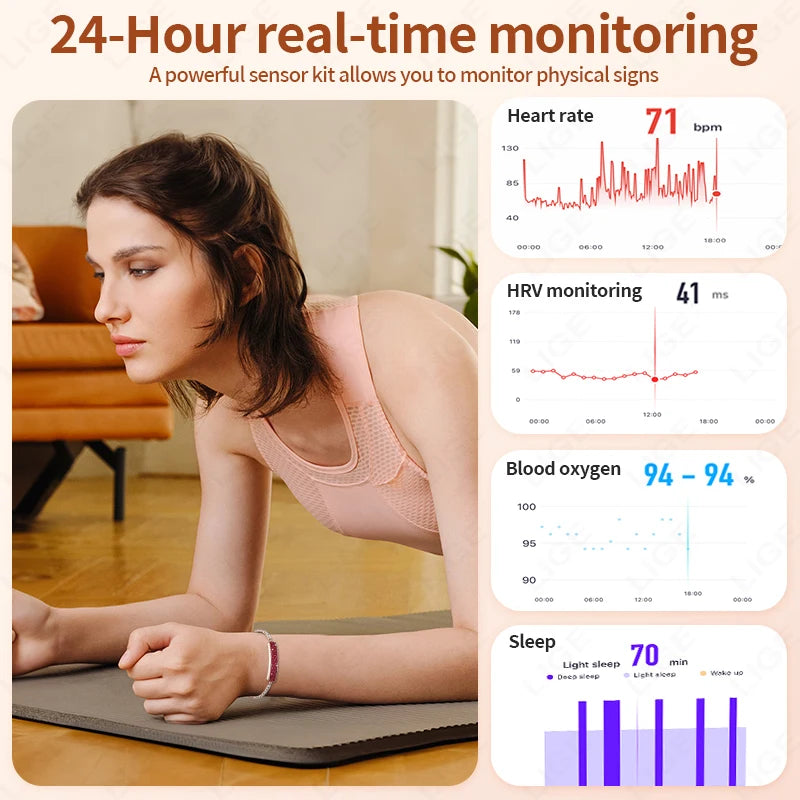 LIGE New Smart Watch Ladies Pedometer Health Smart Bracelet Women Sport Fitness Waterproof Heart Rate Sleep Monitoring Wristband