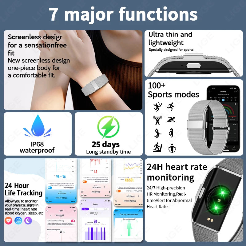 LIGE Smart Bracelet Stylish Lightweight No Screen Sports Tracker Heart Rate Sleep Monitoring IP68 Waterproof Men's Smart Watch