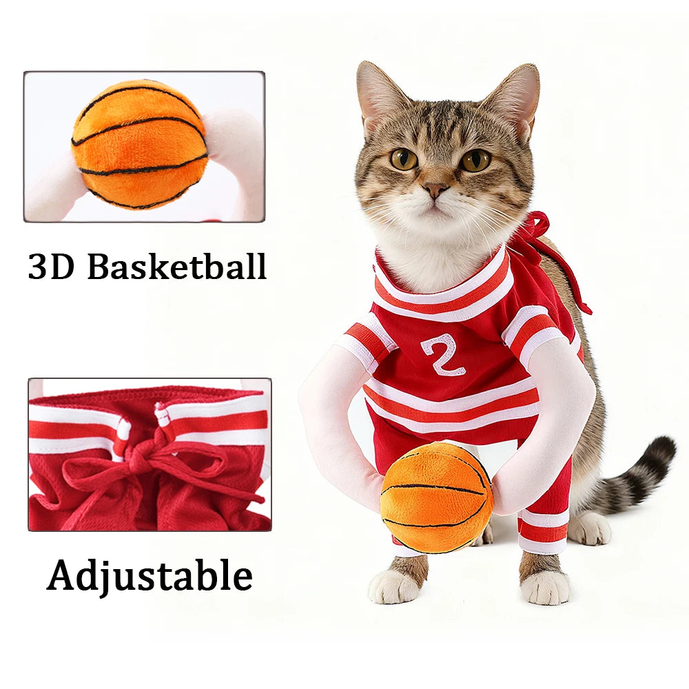 Halloween Cats Costumes Adjustable Funny Party Small Kitten Apparel Basketball Player Cosplay Clothes Sport Jersey Holding Ball