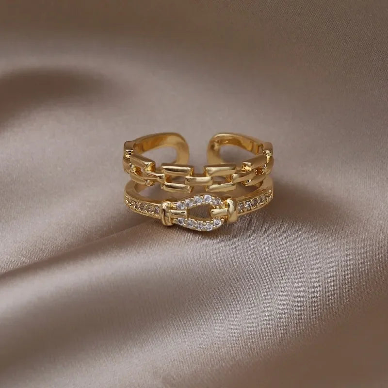 14K gold plated 2023 Korean new fashion jewelry double-layer zircon cross ring elegant women's opening daily work accessories