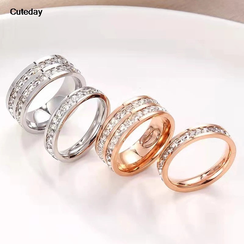Luxury Rose Gold Double Rowed Square Zircon Stainless Steel Ring Women's Romantic Engagement Wedding Party Jewelry Women Gift