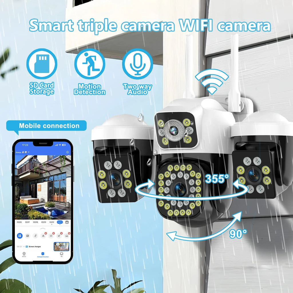 Three Screen WIFI IP Camera Outdoor 8K 15MP Three Lens PTZ Cam Ai Human Detection IP66 Waterproof Onvif CCTV Security Cam Yoosee