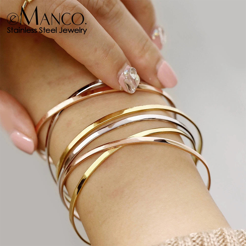 eManco 4MM 6MM Stainless Steel Gold-Plated Bracelets Simple Open Bangles Couple Accessories Gift Factory Direct