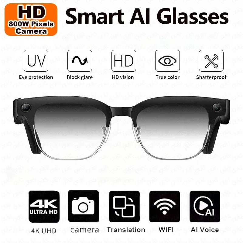 8MP HD Smart Video Glasses  Anti Shake Video Recording WIFI Bluetooth Transmission Object Recognition Slide Touch Smart Glasses