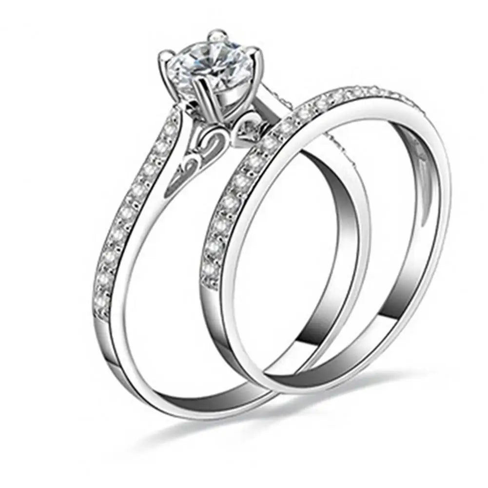 2Pcs/Set Ring Shiny Cubic Zirconia Plated Silver Romantic Couple Finger Ring for Wedding