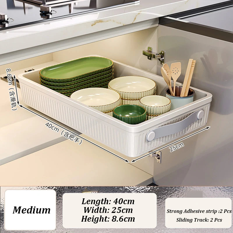 Kitchen Sliding Drawer with Slide Rail Cabinet Clothes Spice Dish Bowl Storage Rack Pull Out Cabinet Organizer Tray With Handle