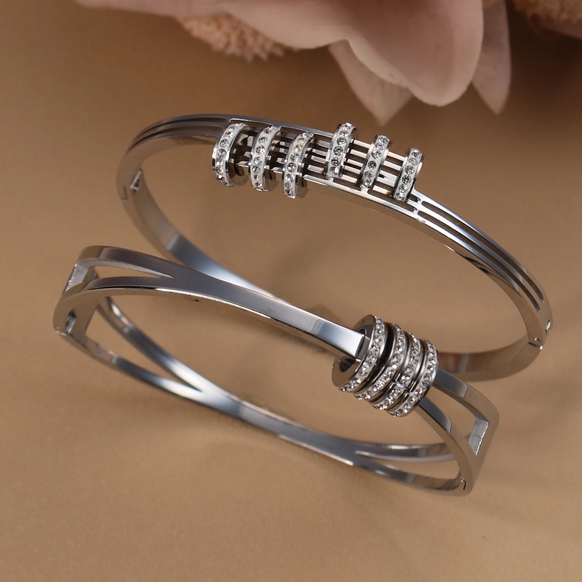 XB-133 New Stainless Steel Jewelry Crystal Bracelets Half Face Hollow Design Bangle For Women's Love Gifts Wholesale