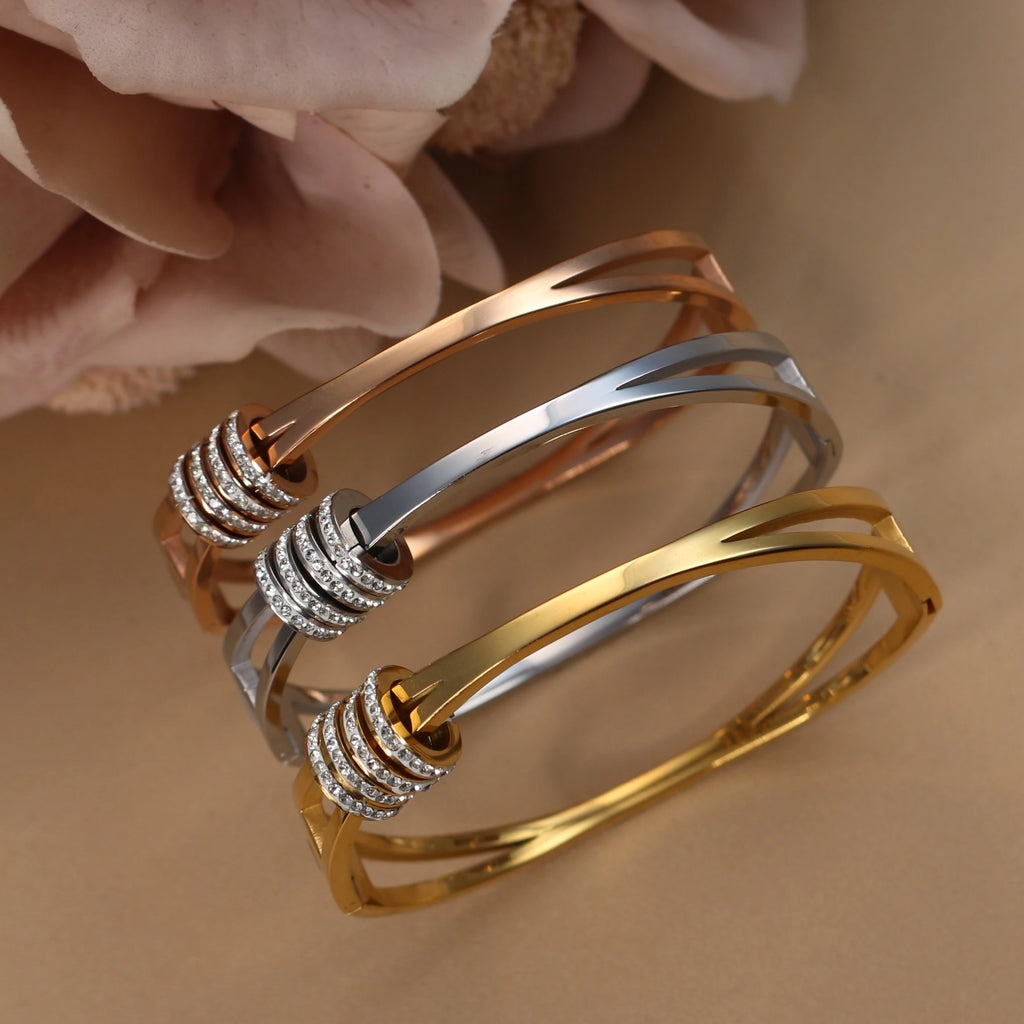 XB-133 New Stainless Steel Jewelry Crystal Bracelets Half Face Hollow Design Bangle For Women's Love Gifts Wholesale