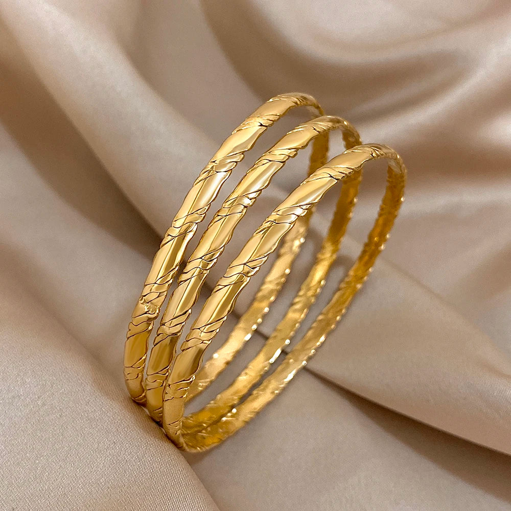 3pcs Gold Plated Twist Stainless Steel Bangle Bracelet for Women Tibetan Buddha Stacked Wristband Bracelets Waterproof Jewelry
