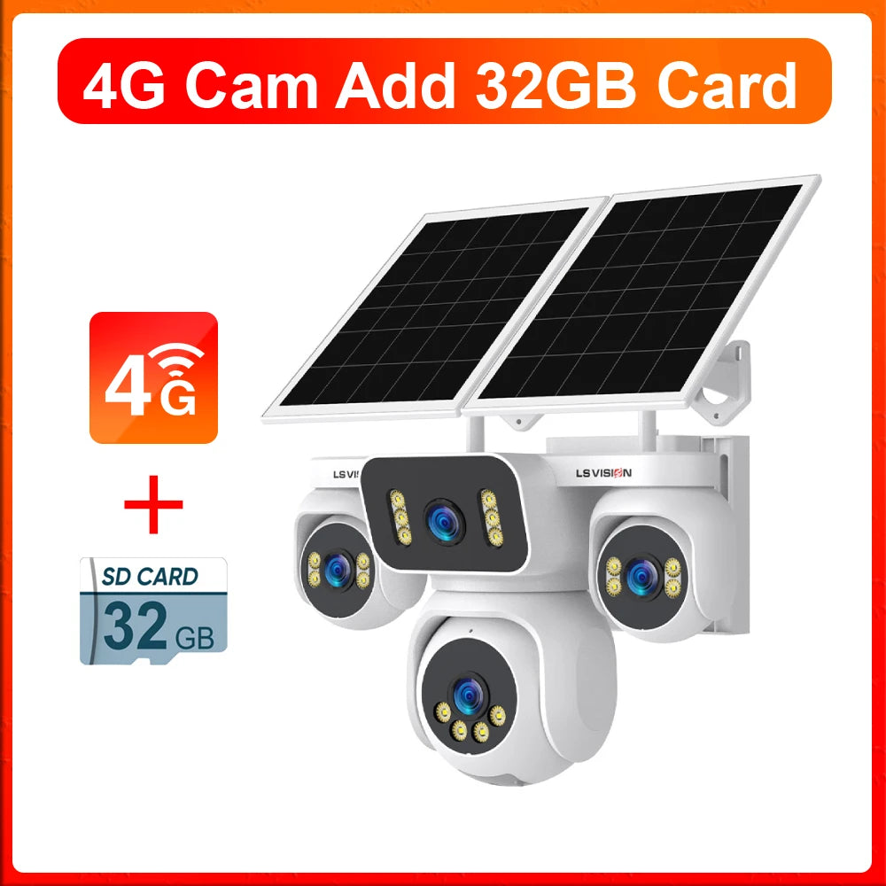 LS VISION 10K AOV 4G LTE Solar Camera Outdoor Security Camera 12X Zoom 24/7 AOV Recording Four Lens Auto Tracking Human Motion