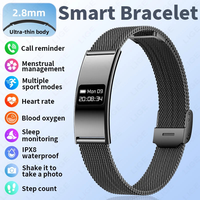 LIGE New Smart Bracelet Ultra-thin Heart Rate Blood Oxygen Sleep Monitoring Waterproof Smart Watch Sports Women Men Smart Band