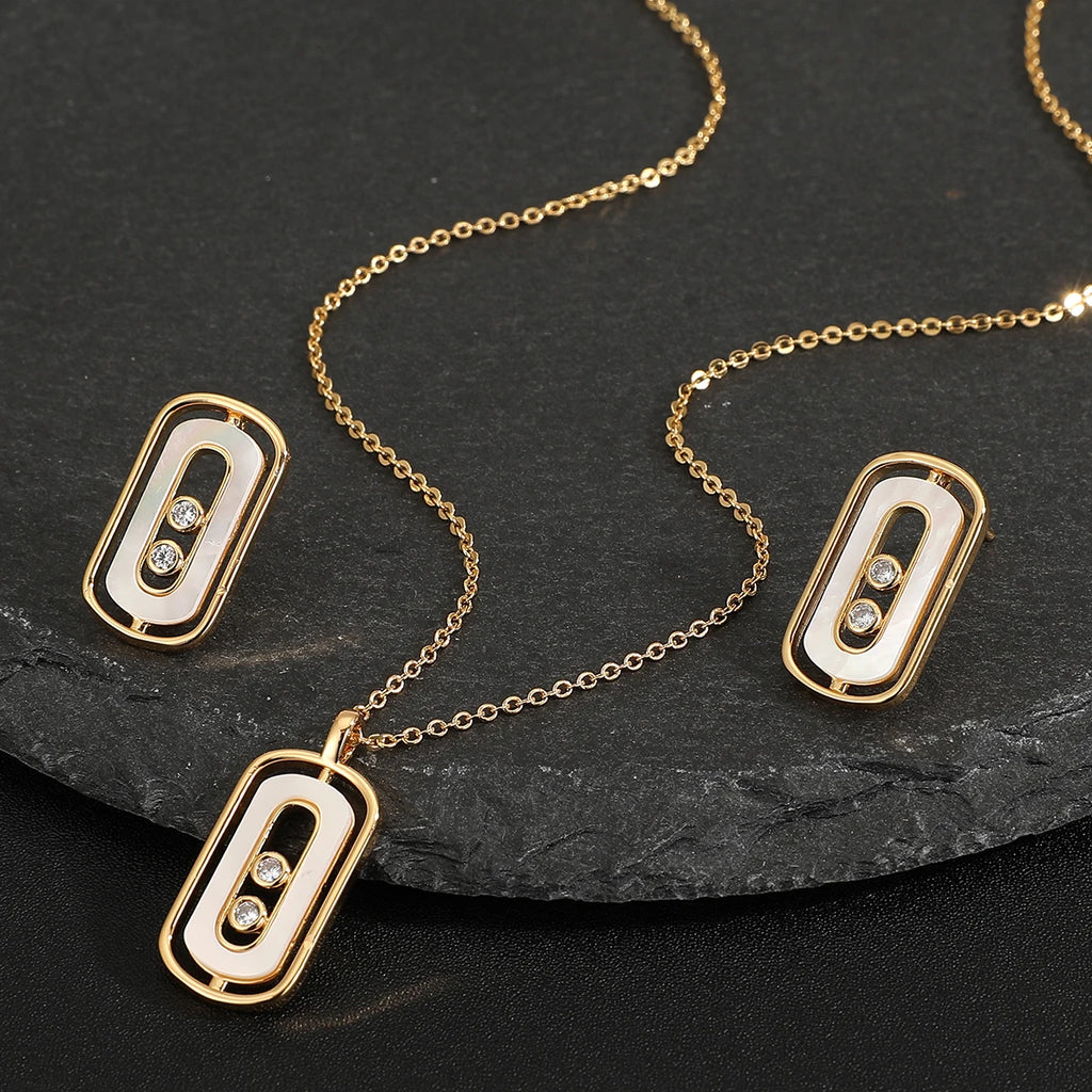 Women's New Fashion 2 Pcs Necklace & Earrings Set Simple Geometic Design Zircon Shell  Jewelry Set Accessory