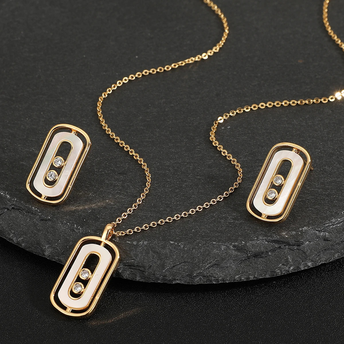 Women's New Fashion 2 Pcs Necklace & Earrings Set Simple Geometic Design Zircon Shell  Jewelry Set Accessory