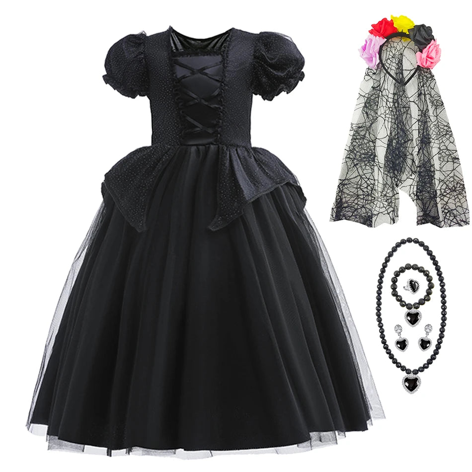 Halloween Costume For Kids Black Witch Dress Luxury Lace Sequin Evil Role Playing Costume Maleficent Dress Up Outfit Ghost Bride